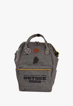 Gray fabric backpack with a textured finish, featuring a front zip pocket, logo patch, gold zipper, and ship graphic design.
