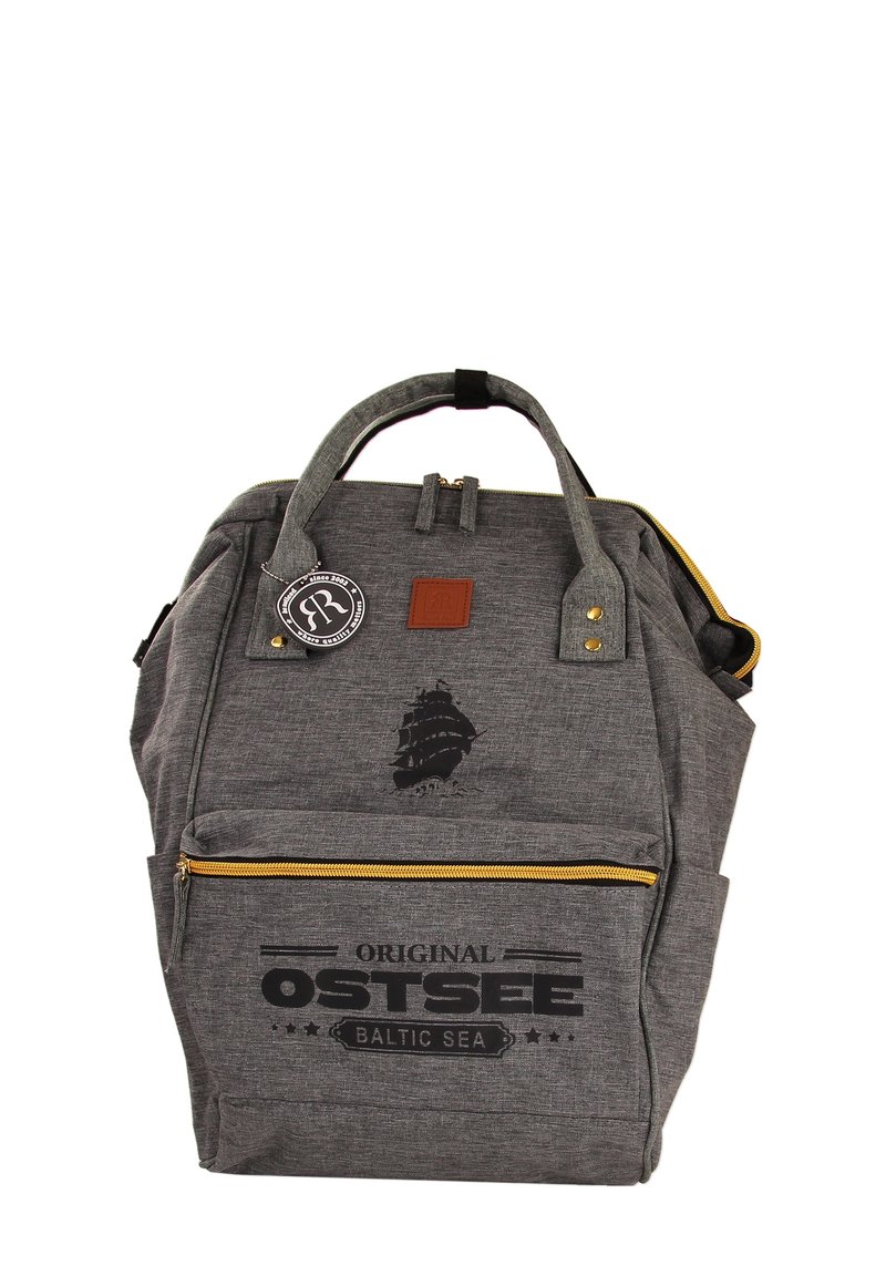 Gray fabric backpack with a textured finish, featuring a front zip pocket, logo patch, gold zipper, and ship graphic design.