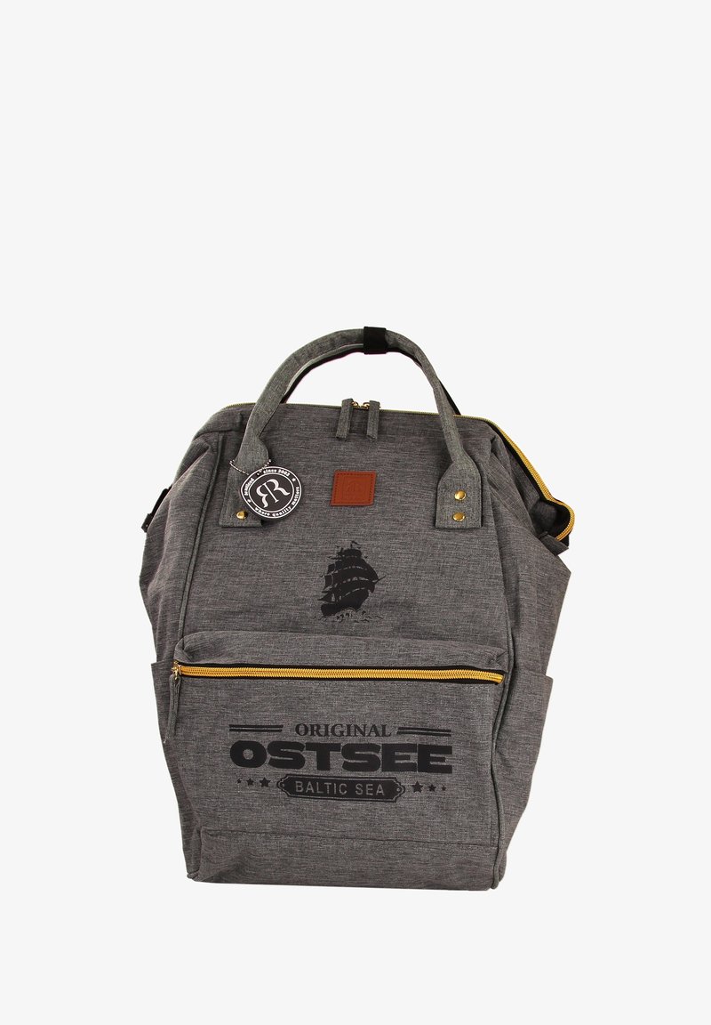 Gray fabric backpack with a textured finish, featuring a front zip pocket, logo patch, gold zipper, and ship graphic design.