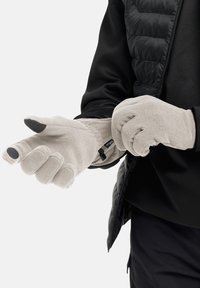 Light gray fleece gloves with textured palm, contrasting black tips on thumb and forefinger. Elastic wrist cuff for secure fit.