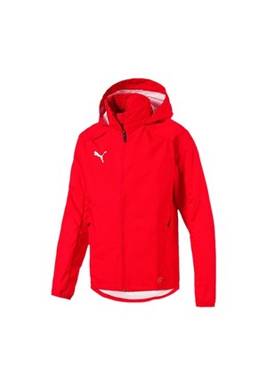 Rode Puma-jas met capuchon, volledige ritssluiting aan de voorkant, elastische boorden en wit Puma-logo op de linkerborst.