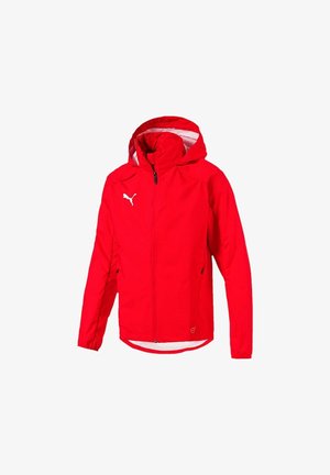 Rote Puma-Jacke mit Kapuze, durchgehendem Frontreißverschluss, elastischen Bündchen und weißem Puma-Logo auf der linken Brust.