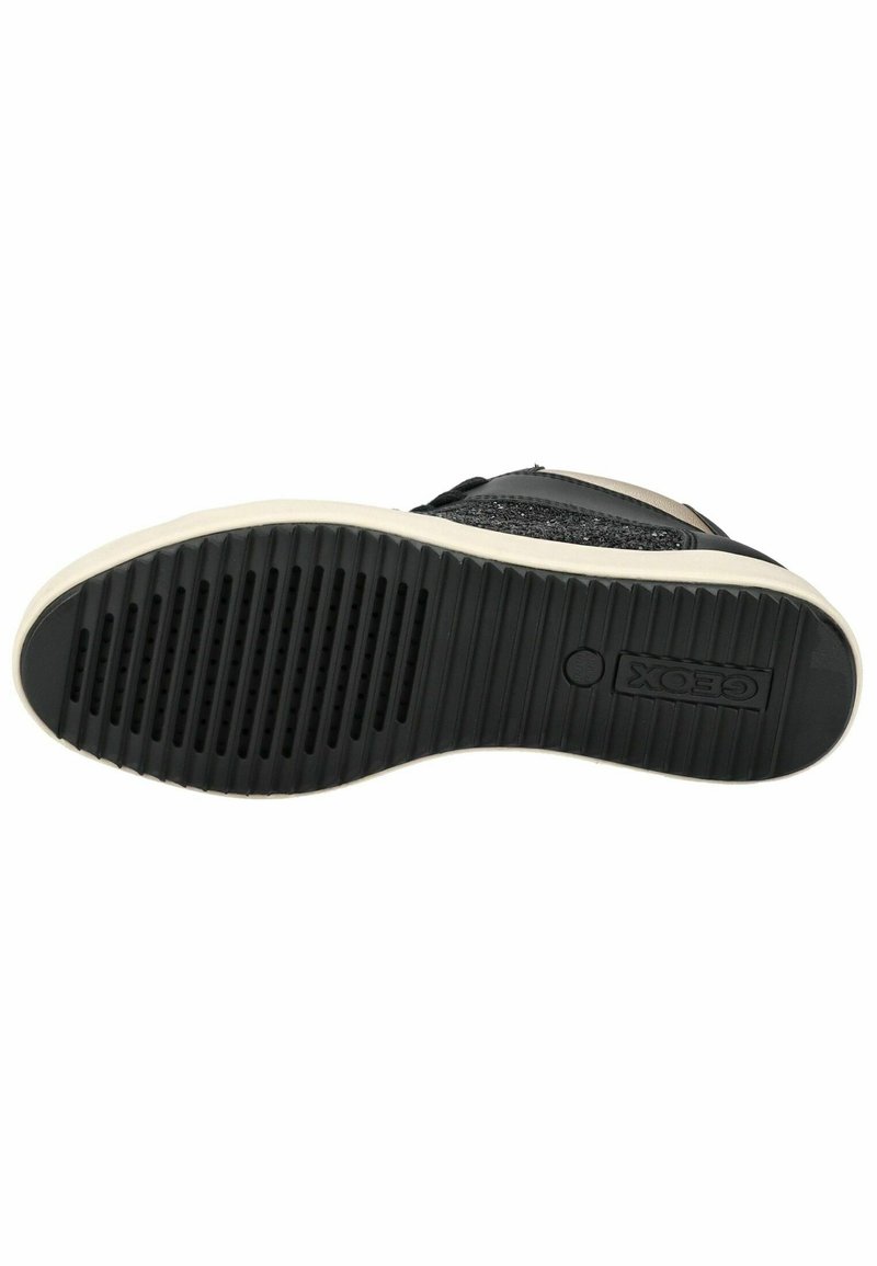 Suela de zapatilla negra con textura antideslizante, que presenta múltiples ranuras horizontales y verticales. Marca "Geox" grabada en el lateral.