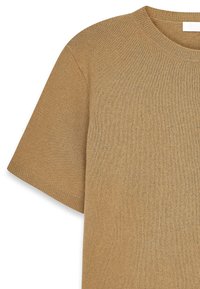 Trumpas rankovėmis, apvalia iškirpte marškinėliai, pagaminti iš minkštos, struktūrinės medžiagos šiltos smėlio spalvos. Yra su raštuota apykakle ir subtiliu megztu raštu.