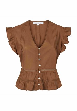 Pruun lühikeste varrukatega pluus volangikestega varrukatel, ees nööpidega, voltidega ja pitslisanditega peplum-ääre kohal.