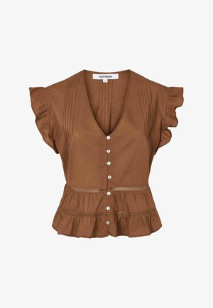 Smeđa bluza kratkih rukava s naboranim rukavima, kopčanjem na gumbe sprijeda, ukrasnim nabiranjima i umetcima od čipke iznad ruba pepluma.