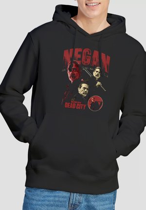 Schwarzer Hoodie mit mehreren Porträts von Negan aus The Walking Dead, der einen Baseballschläger hält, mit den Schriftzügen "NEGAN" und "DEAD CITY".