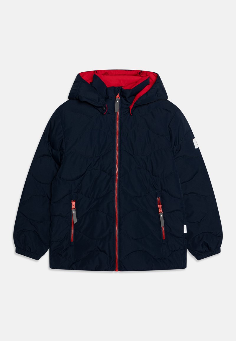 Navy blue puffer jacket with a red hood lining, front zipper, and two zippered side pockets. Textured quilted pattern throughout.