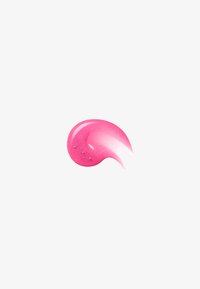 Goutte de gel rose brillante avec une queue courbe lisse sur fond blanc, montrant une texture brillante et légèrement translucide.
