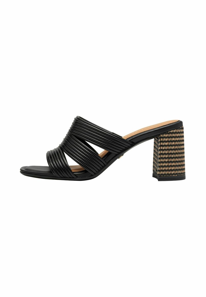 Sandalias de tacón negro con múltiples tiras cruzadas de material texturizado. Presenta un tacón bloque ancho y de forma cuadrada con un patrón.