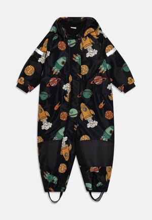 Traje de lluvia negro para niños con estampado colorido de cohetes de dibujos animados, planetas y estrellas, puños elásticos y tirantes para los pies.