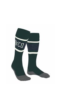 Grüne gestrickte Socken mit weißen und blauen Streifen, die den Text "KI" an der Seite haben und graue Zehen- und Ferseakzente aufweisen.