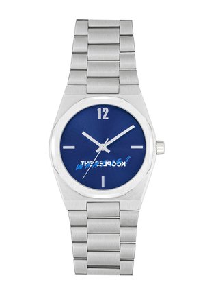 Silver stainless steel watch with an octagonal case, blue dial, silver hour markers, and a brushed metal link bracelet.