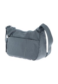 Borsa a tracolla grigia a fantasia con chiusura a zip, tessuto testurizzato, tracolla regolabile e una tasca frontale per ulteriore spazio di archiviazione.