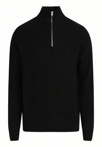 Black ribbed sweater with a high collar and a short zipper detail at the neck. Long sleeves and a relaxed fit with textured fabric.
