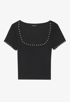 Black ribbed short-sleeve top with a wide scoop neckline, accented with silver studs along the neckline and sleeves.