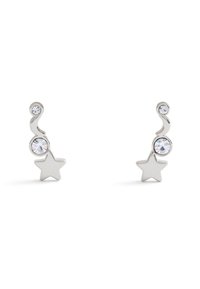 Boucles d'oreilles argentées au design tourbillonnant avec deux cristaux transparents et une forme d'étoile en bas, offrant un aspect moderne et ludique.