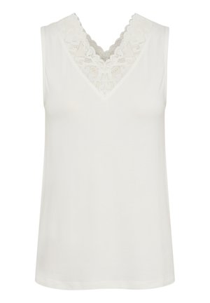 Top alb fără mâneci cu decolteu în V, având un insert de dantelă detaliat la guler și un material cu textură netedă.