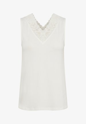 Top alb fără mâneci cu decolteu în V, având un insert de dantelă detaliat la guler și un material cu textură netedă.