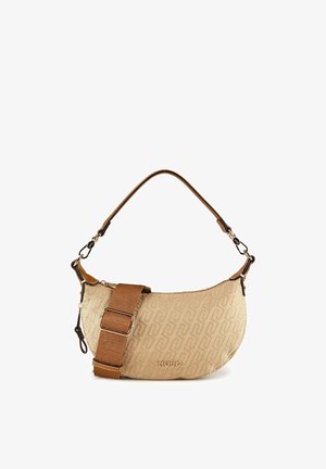 Beige crescent-shaped handbag with textured pattern, brown adjustable shoulder strap, and small gold "LIU·JO" logo on front.