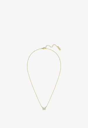 Collier en chaîne dorée avec un pendentif en forme de papillon orné de strass transparents, avec un fermoir en homard et une longueur de chaîne réglable.