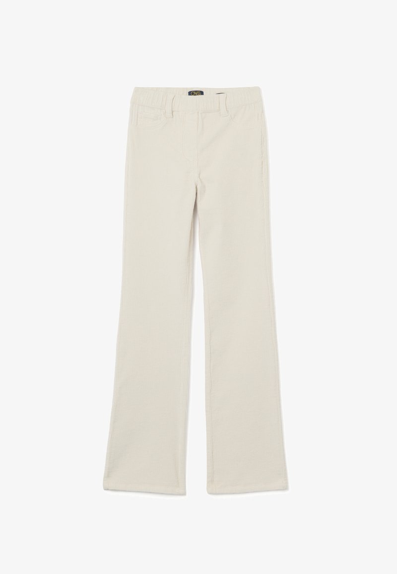 Lichtbeige corduroy broeken met een rechte pijpdesign. Voorzien van elastiek in de taille voor comfort, gestikte details en accenten op de voorzakken.