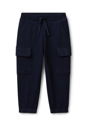 Marineblaue Cargo-Hosen aus weichem Stoff, mit zwei Seitentaschen, zwei Cargotaschen, einem Kordelzugbund und gerippten Bündchen.