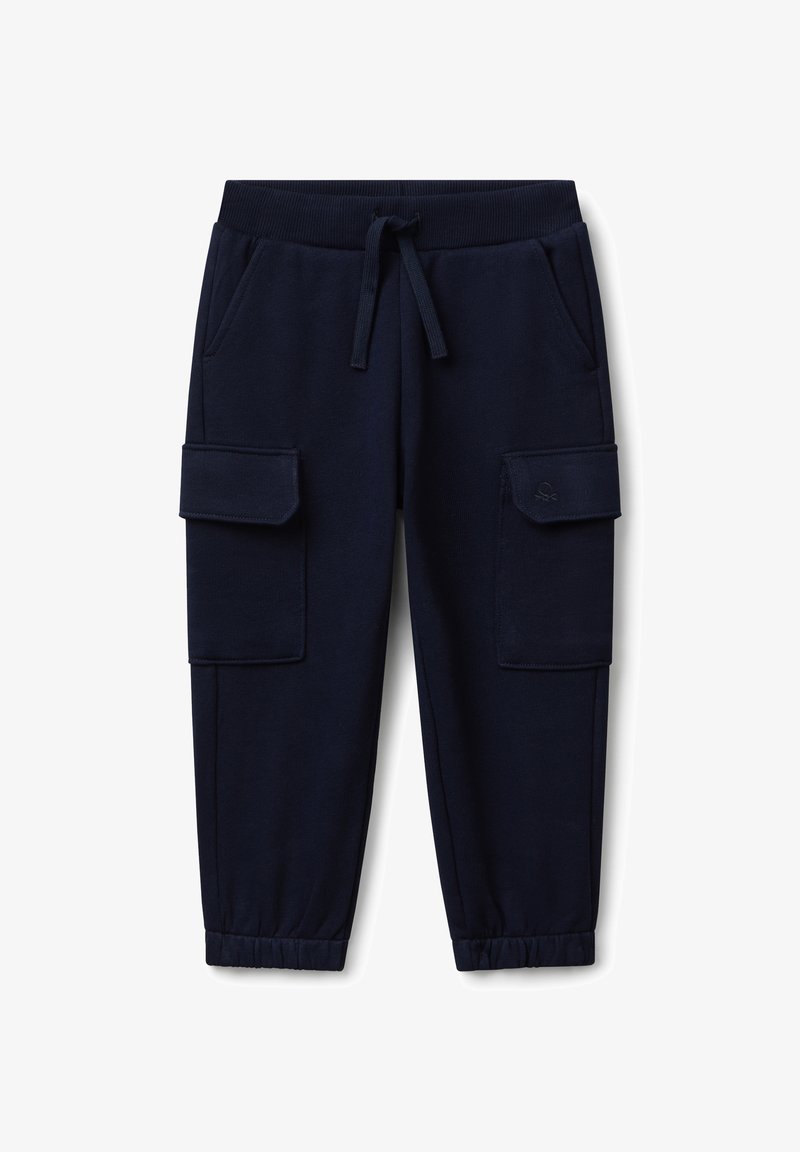 Námořnické modré cargo kalhoty z měkké tkaniny, s dvěma bočními kapsami, dvěma cargo kapsami, stahovacími pasem a žebrovanými manžetami.