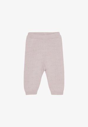 Gebreide babybroek in lichtroze met een textuurpatroon. Heeft een geribde tailleband en boorden. Zachte, flexibele stof voor comfort.