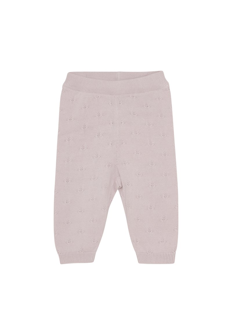 Gebreide babybroek in lichtroze met een textuurpatroon. Heeft een geribde tailleband en boorden. Zachte, flexibele stof voor comfort.