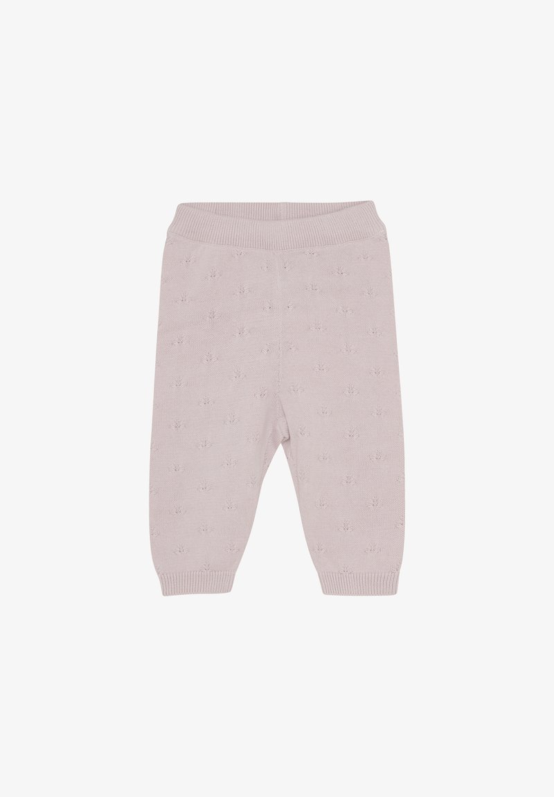 Gebreide babybroek in lichtroze met een textuurpatroon. Heeft een geribde tailleband en boorden. Zachte, flexibele stof voor comfort.