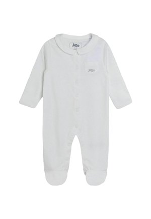 Weißes Baby-Overall aus Baumwolle mit langen Ärmeln, runder Kragen, vorderen Knöpfen und einer kleinen Brusttasche mit dem Markenlogo. Weicher Stoff.