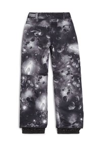 Černé a šedé lyžařské kalhoty se vzorem galaxie, s voděodolnou vnější vrstvou, elastickými manžetami a standardním pasem.