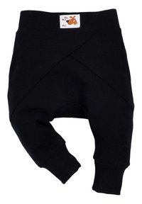 Zwarte katoenen babybroekjes met een kruislingse ontwerp en elastische tailleband. Heeft een label met een illustratie van een bruine hond aan de bovenkant.