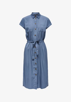 Zils īsroku midi kleita ar apkakli, pogām priekšpusē, divām krūšu kabatām un paštaisītu jostu viduklī.