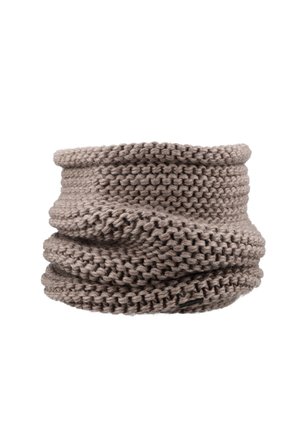 Chunky knit taupe-colored neck warmer with a textured, thick ribbed pattern and a folded top edge.