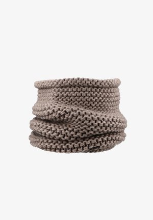 Chunky knit taupe-colored neck warmer with a textured, thick ribbed pattern and a folded top edge.
