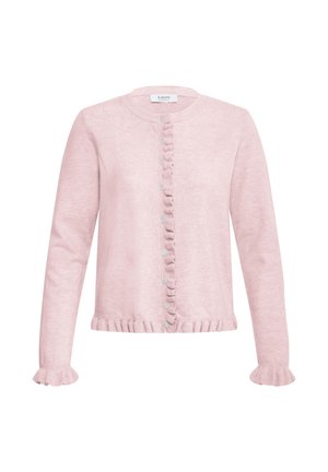 Cardigan rose clair à manches longues avec col rond, bords froncés aux poignets, à l'ourlet et sur la patte de boutonnage, avec de petits boutons sur le devant.
