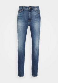 Tmavě modré džíny z denimu s rovnými nohavicemi, s knoflíkovým zapínáním, pěti kapsami a mírným vyblednutím pro kontrast textur.