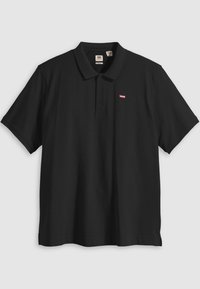 Juoda medvilninė polo marškinėliai su dviem sagomis, trumpomis rankovėmis ir mažu raudonu Levi's logotipu kairėje krūtinės pusėje.