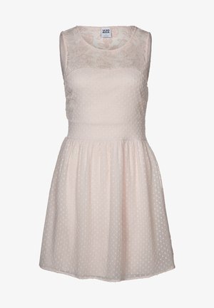 Vestido sin mangas de color rosa claro con un cuerpo texturizado de lunares y un encaje floral en la parte superior. Falda acampanada con cintura fruncida.