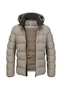 Beige Pufferjacke mit Kapuze, gestepptem Außenmaterial, schwarzen Akzenten und Reißverschlusstaschen. Das Innenfutter ist hellbraun und trägt ein Logo.