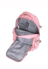 Zaino rosa realizzato in tessuto resistente, con un ampio interno grigio, diversi scomparti e una base piatta per la stabilità.
