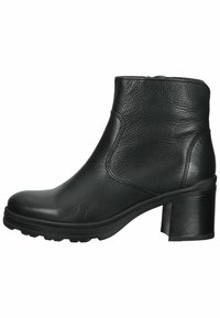 Botas de cuero negras hasta el tobillo con un acabado texturizado, puntera redondeada y un tacón en bloque grueso. Presentan una cremallera lateral para facilitar su uso.