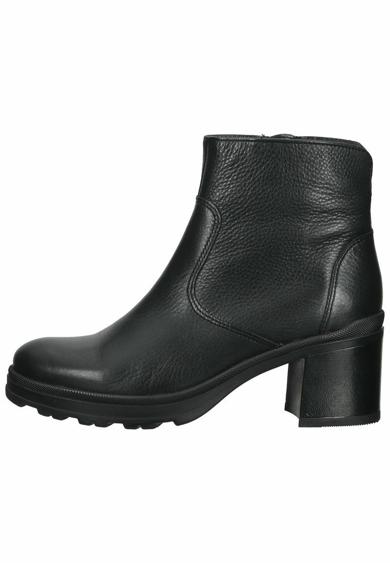 Botas de cuero negras hasta el tobillo con un acabado texturizado, puntera redondeada y un tacón en bloque grueso. Presentan una cremallera lateral para facilitar su uso.