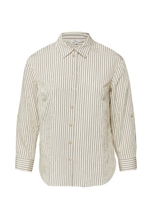 Beiges Langarmhemd mit dünnen, vertikalen schwarzen Streifen, durchgehender Knopfleiste und spitzem Kragen.