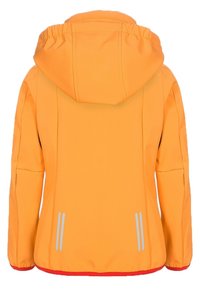 Oranssi vedenpitävä takki hupulla, jossa on heijastavat yksityiskohdat ja elastiset hihakudet. Sujuva pinta punaisella vuorauksella.