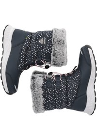Marine-Winterstiefel mit weißen Polka-Dots, mit einem gefütterten Kragen aus Fell, pinken Schnürsenkeln und strukturierten Gummisohlen für besseren Halt. Verstärktes Material für Haltbarkeit.