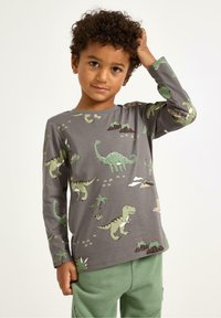 Grå långärmad t-shirt med färgglada dinosaurie- och vulkanmotiv. Tillverkad av mjukt tyg med en ledig passform, matchad med gröna mjukisbyxor.