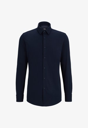 Camisa de botão de manga longa azul marinho, feita de tecido tecido, com colarinho clássico, corte reto e fecho frontal com botões.